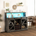 55" Coffee Bar Cabinet With Lights, Farmhouse Wine Cabinet With Wine And Glass Racks For Kitchen, Dining Room, Brown