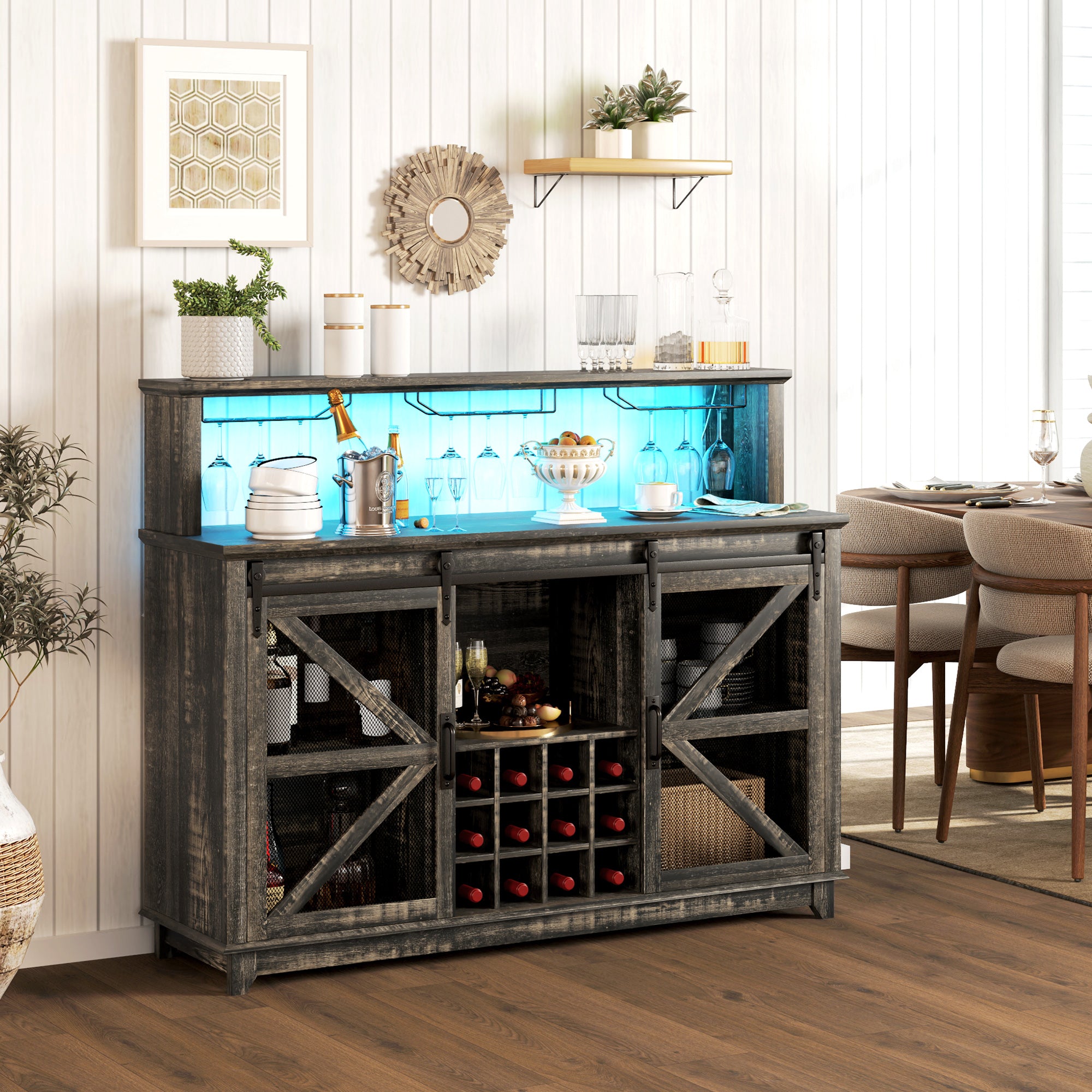55" Coffee Bar Cabinet With Lights, Farmhouse Wine Cabinet With Wine And Glass Racks For Kitchen, Dining Room, Brown