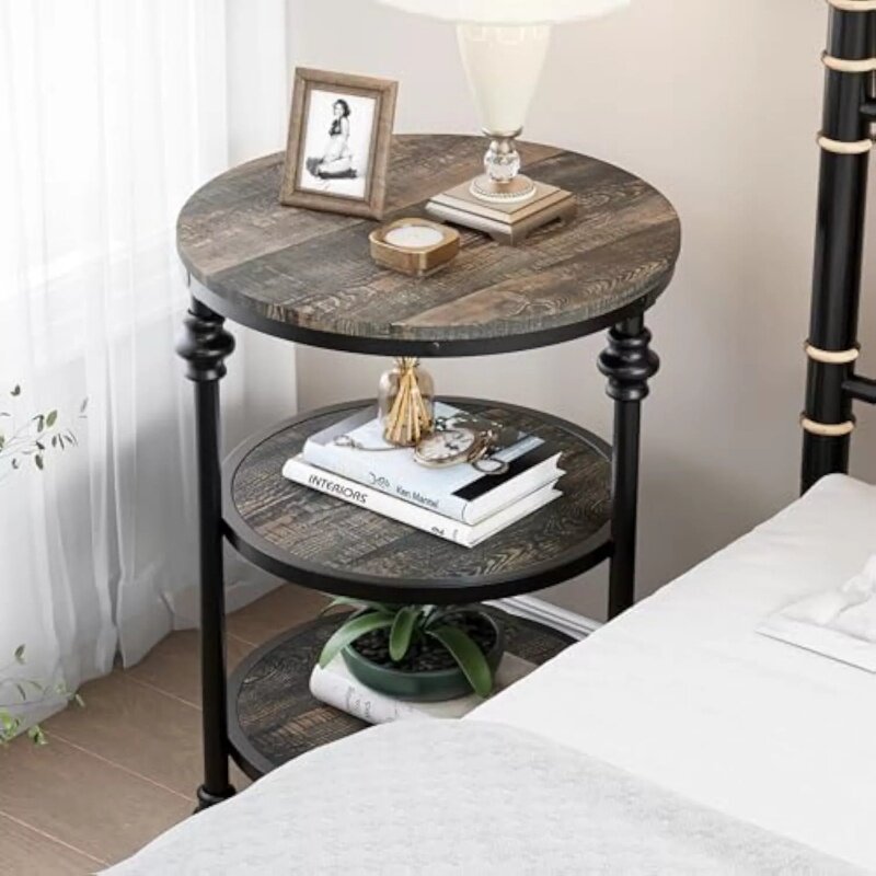 Retro Round Side Table | Solid Wood & Iron | Double-Tiered