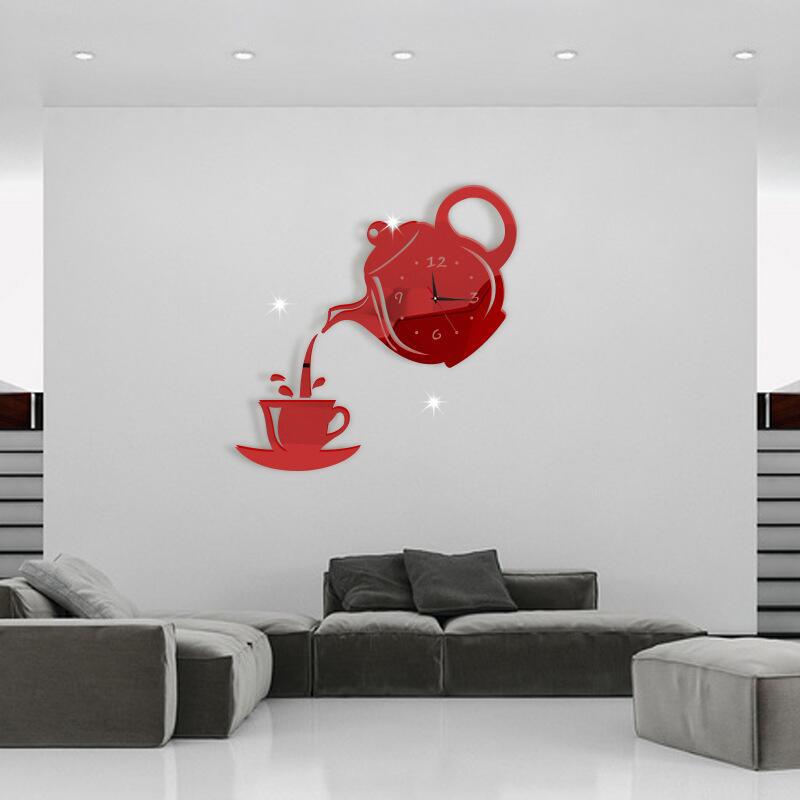 Coffee teapot cup acrylic mirror wall clock
