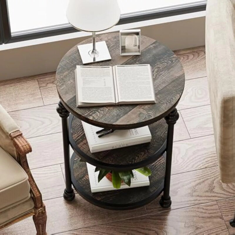 Retro Round Side Table | Solid Wood & Iron | Double-Tiered