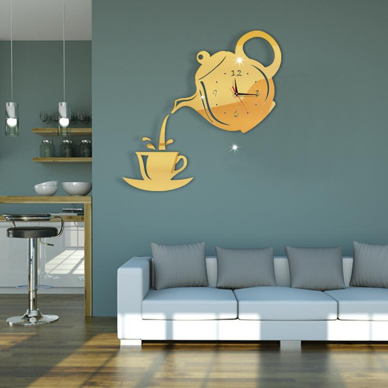 Coffee teapot cup acrylic mirror wall clock
