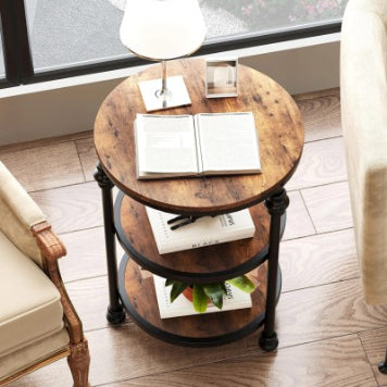 Retro Round Side Table | Solid Wood & Iron | Double-Tiered