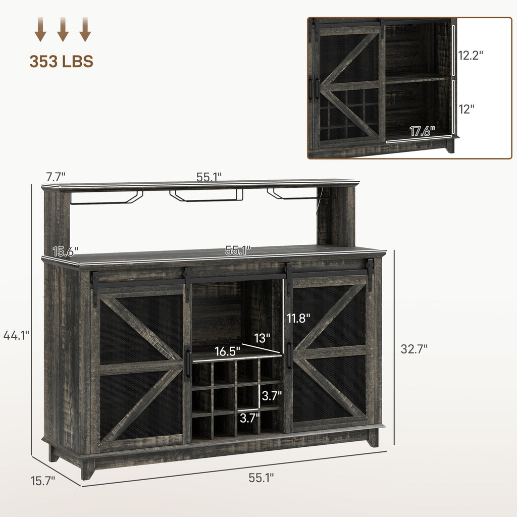 55" Coffee Bar Cabinet With Lights, Farmhouse Wine Cabinet With Wine And Glass Racks For Kitchen, Dining Room, Brown