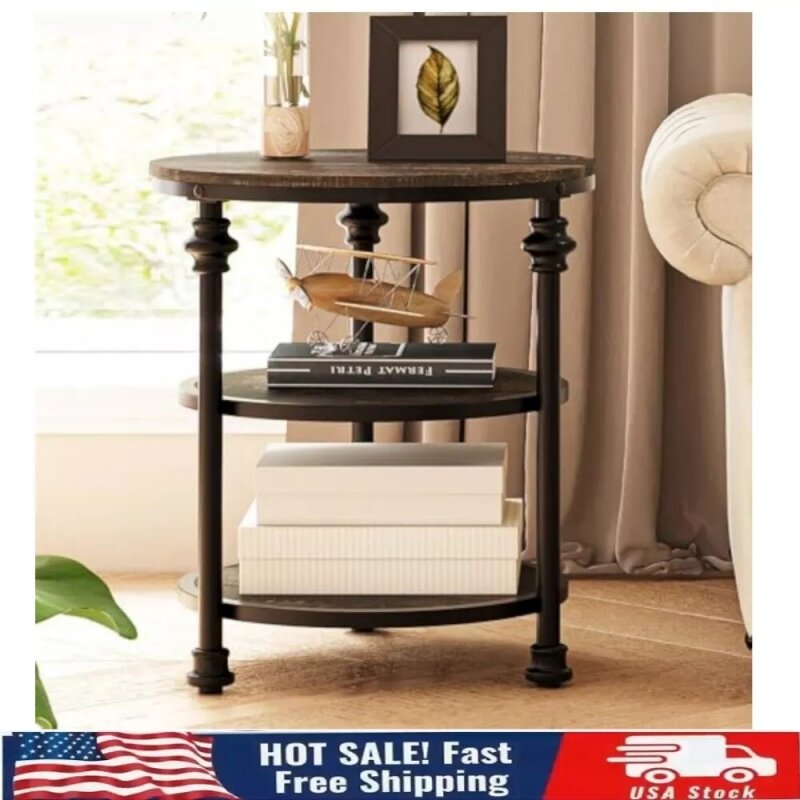Retro Round Side Table | Solid Wood & Iron | Double-Tiered