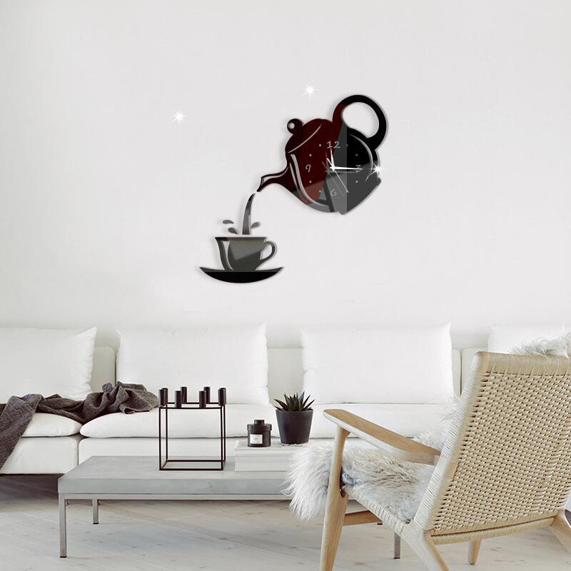 Coffee teapot cup acrylic mirror wall clock