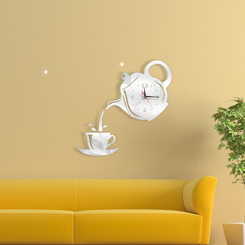 Coffee teapot cup acrylic mirror wall clock
