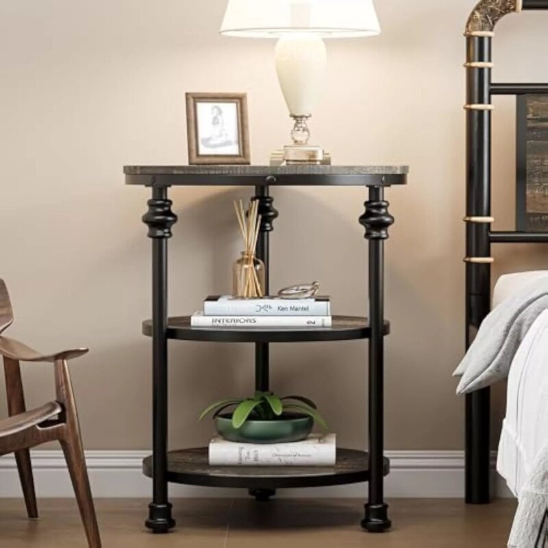 Retro Round Side Table | Solid Wood & Iron | Double-Tiered