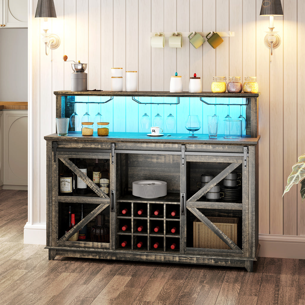 55" Coffee Bar Cabinet With Lights, Farmhouse Wine Cabinet With Wine And Glass Racks For Kitchen, Dining Room, Brown
