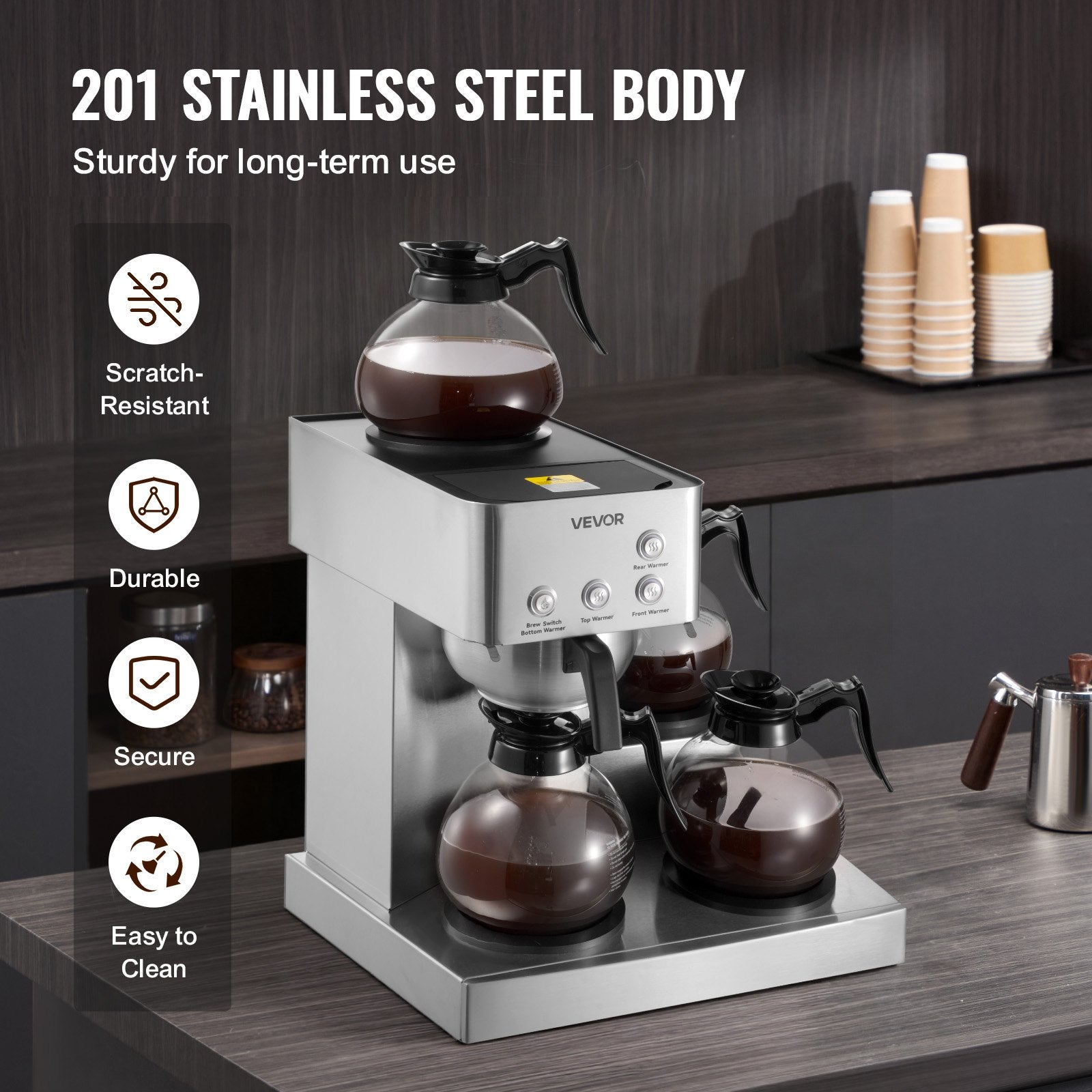 Commercial Drip Coffee Maker, 12 Cups Coffee-Maker Machine With 4 Glass Carafes And 4 Decanter Warmer Plates, Stainless Steel Drip Style Coffee Brewer, For Restaurant, Office, Coffee Shop & Home