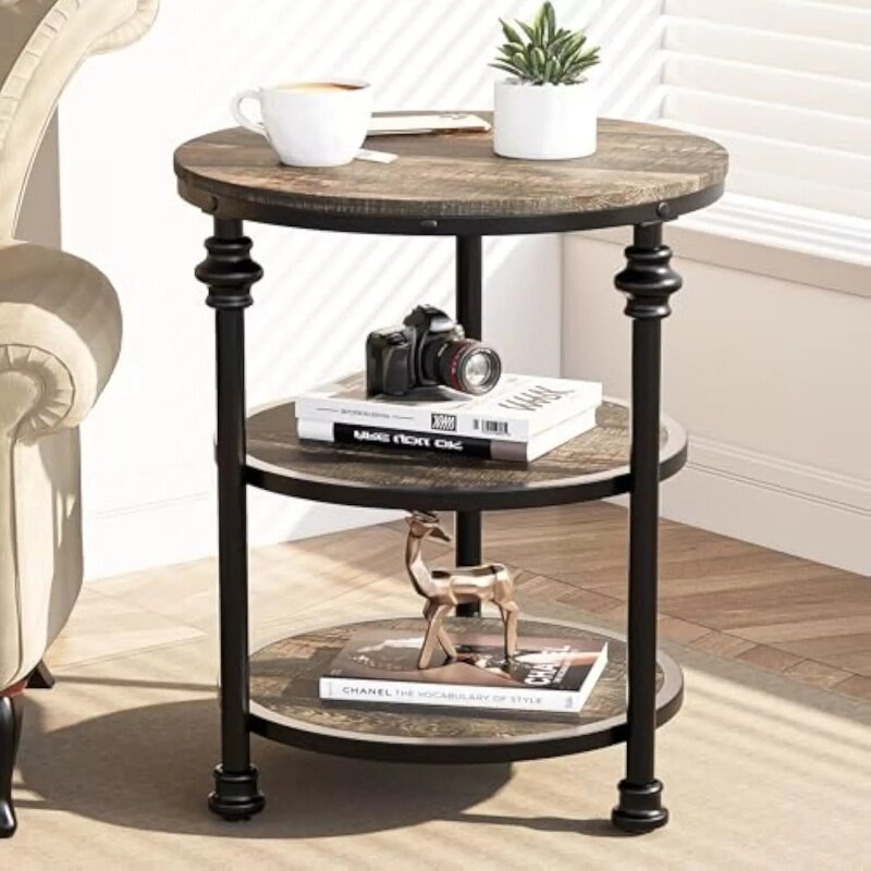 Retro Round Side Table | Solid Wood & Iron | Double-Tiered